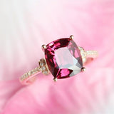3ct Peach Red Garnet Cushion Ring in 18K Yellow Gold