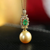 11mm Golden South Sea Pearl & Emerald Necklace in 18K Yellow Gold