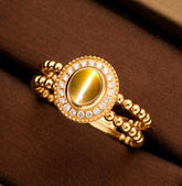 Chrysoberyl Cat Eye & Halo Diamond 18K Gold Granulation Ring