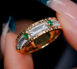 Emerald & Mother of Pearl Band Ring in 18K Two Tone Gold