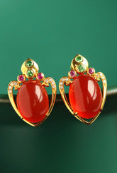 Southern Red Agate & Diamond Squid Earrings - 18K Yellow Gold