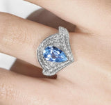 Aquamarine Diamond Wedding Chevron Desing Ring - Platinum 950