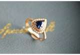 Blue Sapphire Teardrop Ring with Halo Diamonds - 18K White Gold