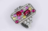 Colorful Pink Red Spinel Statement Ring & Diamond in 18K White Gold