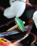5A+ Green Jade 18K Gold Ring with White Diamond Pave