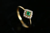 Emerald Square Cut & Halo Set Baby Pearl Ring in 18K Yellow Gold
