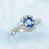 Cushion Blue Sapphire & Halo Diamond Ring in 18K White Gold