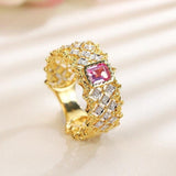 Padparadscha Pink Sapphire Ring - 18K Gold Honeycomb Detailing