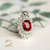 Vivid Red Ruby Oval & Diamonds Necklace in 18K White Gold