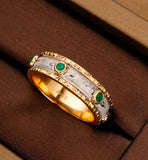 Emerald & Mother of Pearl Band Ring in 18K Two Tone Gold