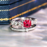 Leaf Red Spinel 18K White Gold Stacking Ring with Diamond