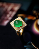 5A+ Jade Cabochon & Full Diamond Pave 18K Yellow Gold Ring