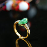 5A+ Green Jade 18K Gold Ring with White Diamond Pave