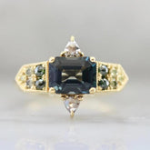 Emerald Cut Teal Spinel & Diamond 18K Gold Ring - Horizontal Stone