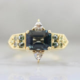 Emerald Cut Teal Spinel & Diamond 18K Gold Ring - Horizontal Stone