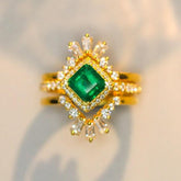Art Deco Design Emerald 18K Engagement Stackable Ring with Diamonds