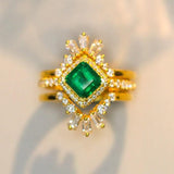 Art Deco Design Emerald 18K Engagement Stackable Ring with Diamonds