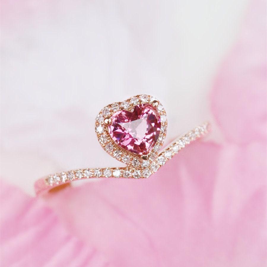 Pink Tourmaline Heart Chevron Stackable Ring - 18K Yellow Gold