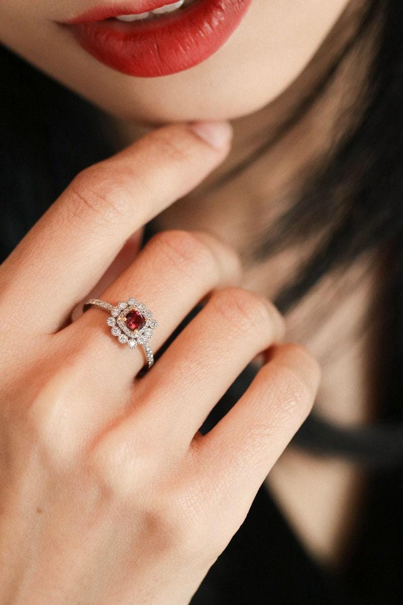 Double Halo Pinkish Spinel 18K Wedding Ring with Diamond