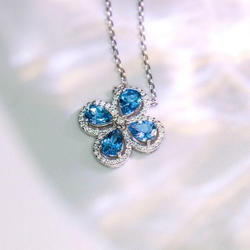 Four-Leaf Clover Aquamarine & Diamond Necklace in 18K White Gold