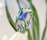 Blue Sapphire & Tsavorite Horizontal Stone Ring - 18K White Gold