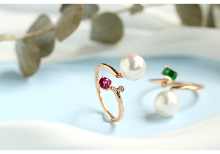 Akoya Pearl & Red Tourmaline Open Ring - 18K Yellow Gold