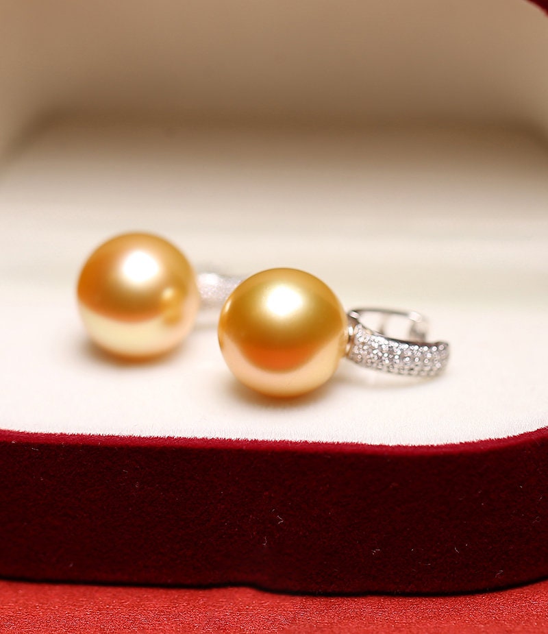 12mm Golden South Sea Pearl & Diamond Earrings - 18K Yellow Gold