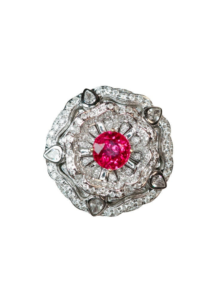 1.03ct Pigeon Blood Round Ballerina Pendant in 18K White Gold