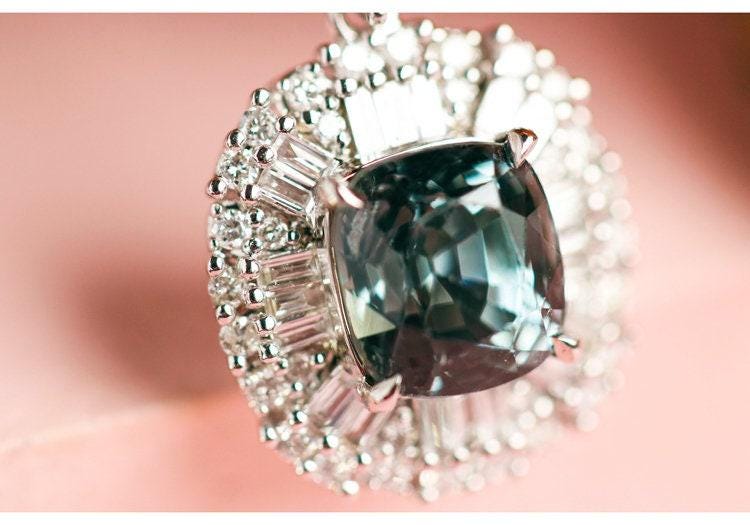 Blue Grey Spinel & Diamond Art Deco Necklace in 18K White Gold