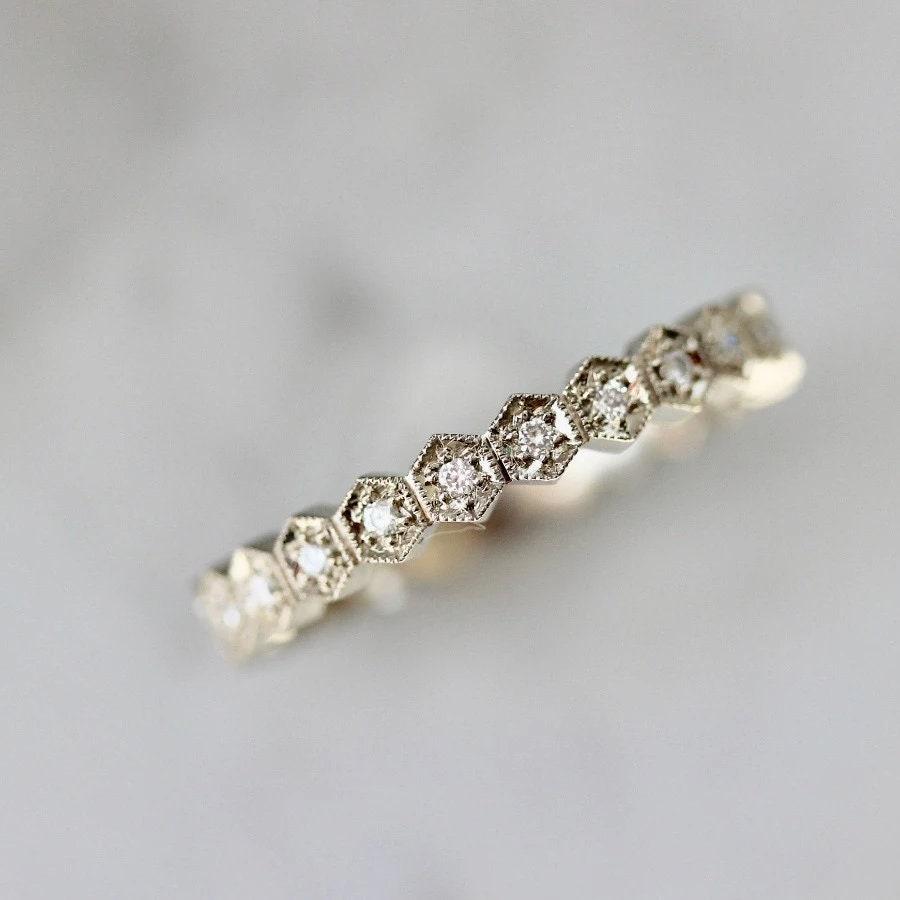 Hexagon Shaped Diamond Engraved Ring in 18K White Gold