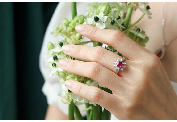Flower Pink Spinel & White Sapphire Ring - 18K White Gold