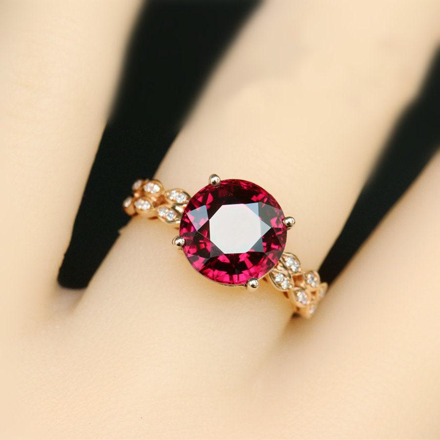 7mm Peach Red Garnet Round & Diamond Ring - 18K  Yellow Gold