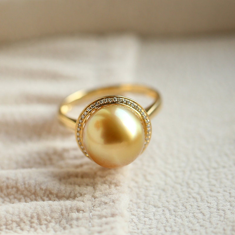 11mm Golden South Sea Pearl & Diamond Halo Ring in 18K Yellow Gold