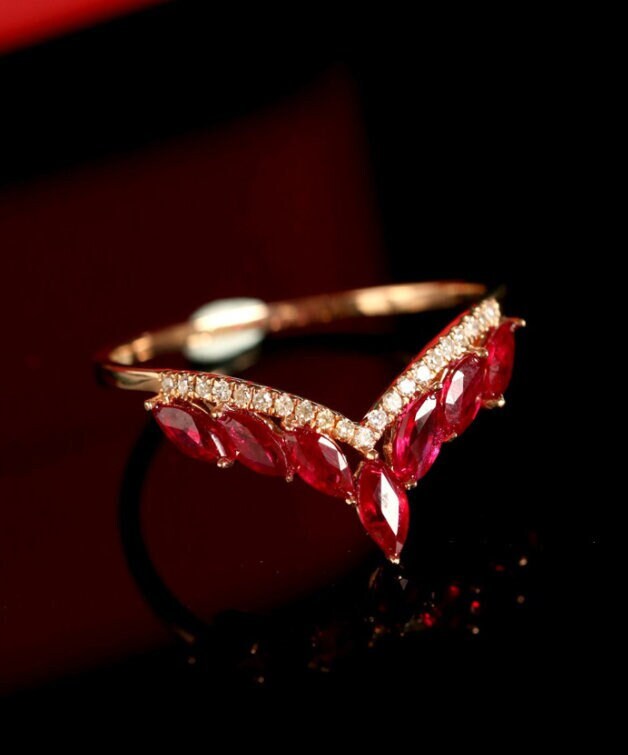 Marquise-Cut Ruby Chevron Ring in 18K Yellow Gold