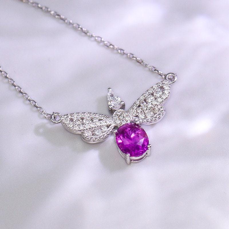 Bee Design Purple Sapphire 18K White Gold Necklace with Diamonds