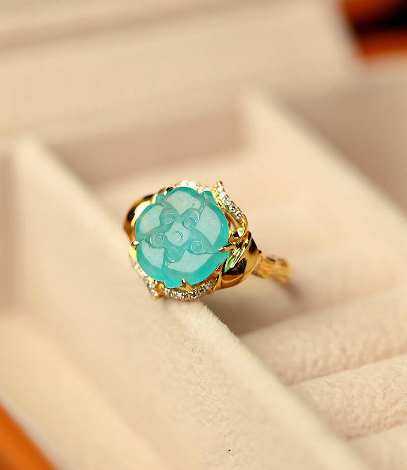 5A Amazonyte Rose Shape 18K Yellow Gold Ring