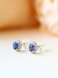 Blue Sapphire & Halo Diamonds Stud Earrings - 18K White Gold