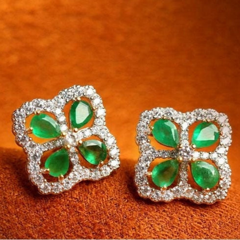 Eight Emerald & Diamond Four Leaf Clover Studs in 18k Gold