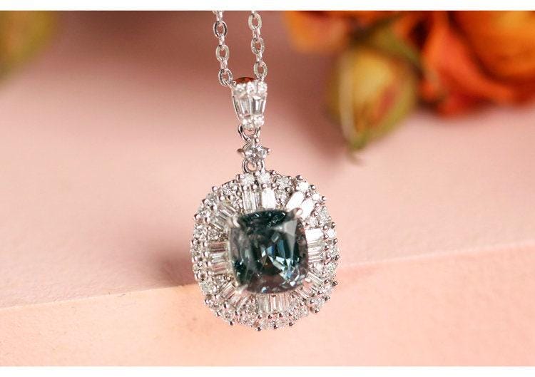 Blue Grey Spinel & Diamond Art Deco Necklace in 18K White Gold