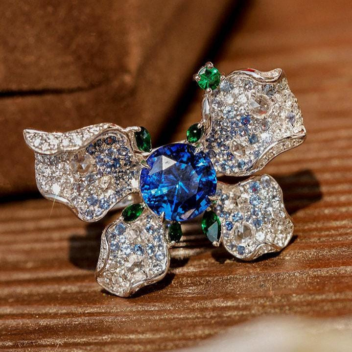 1.96ct Blue Sapphire Butterfly Ring with Diamonds in 18K Gold