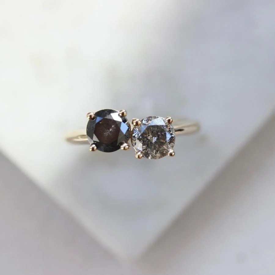 Two 1ct Salt & Pepper Diamond 18K Gold Engagement Ring