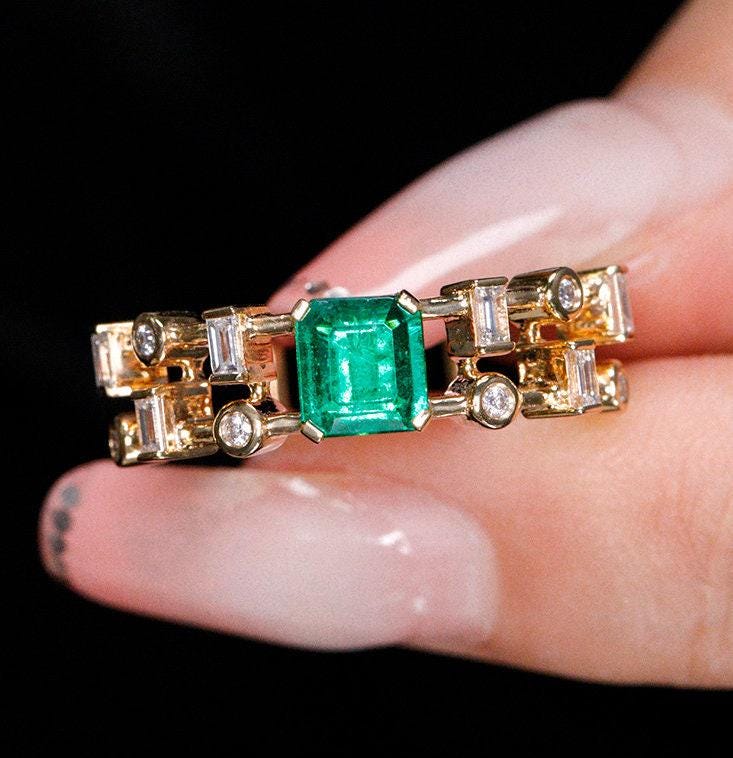 Cluster Pave Set Emerald 18K Gold Ring with Diamonds