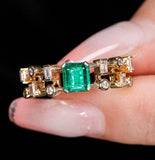 Cluster Pave Set Emerald 18K Gold Ring with Diamonds