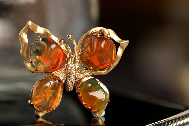 Fire Opal Butterfly Design 18K Gold Pendant