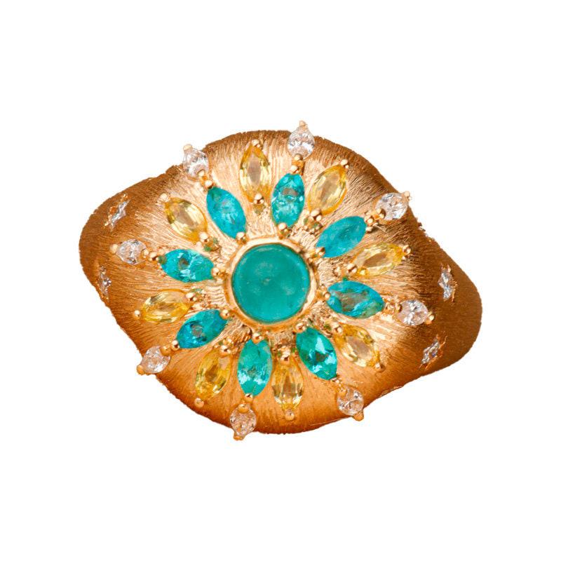 Brazil Paraiba Tourmaline & Diamonds 18K Gold Brush Finish Ring