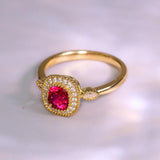 Red Spinel Cushion & Diamond Halo Ring - 18K Yellow Gold