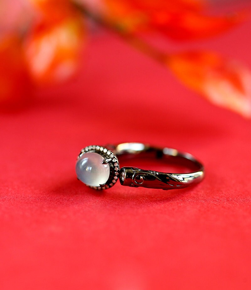White Jade Cabochon Ring with Diamond Accents in 18K Black Gold