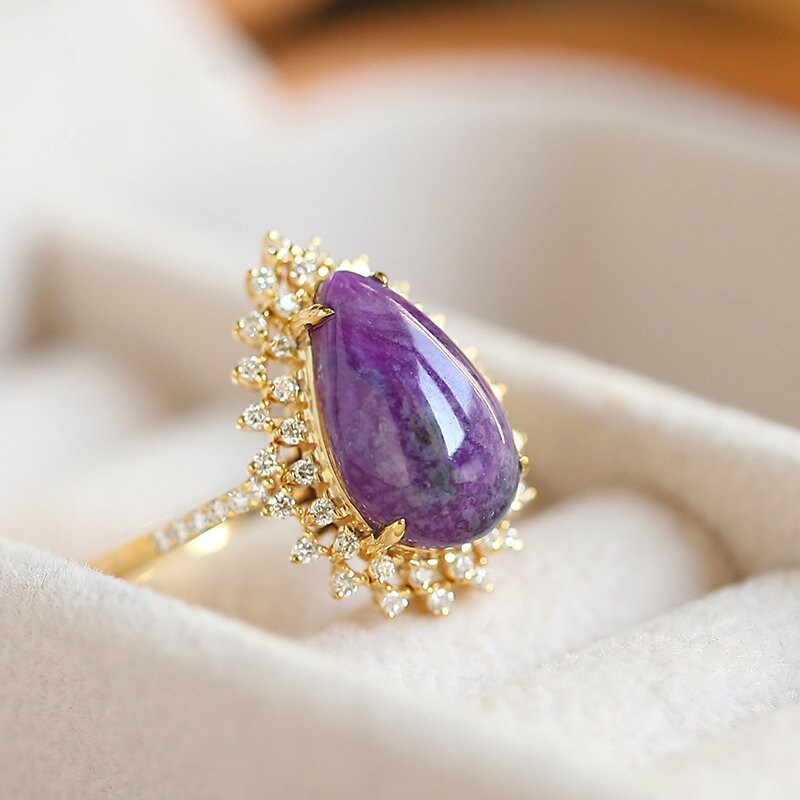 AAA+ Purple Sugilite Pear-Shape & Halo Diamond Ring in 18K Yellow Gold