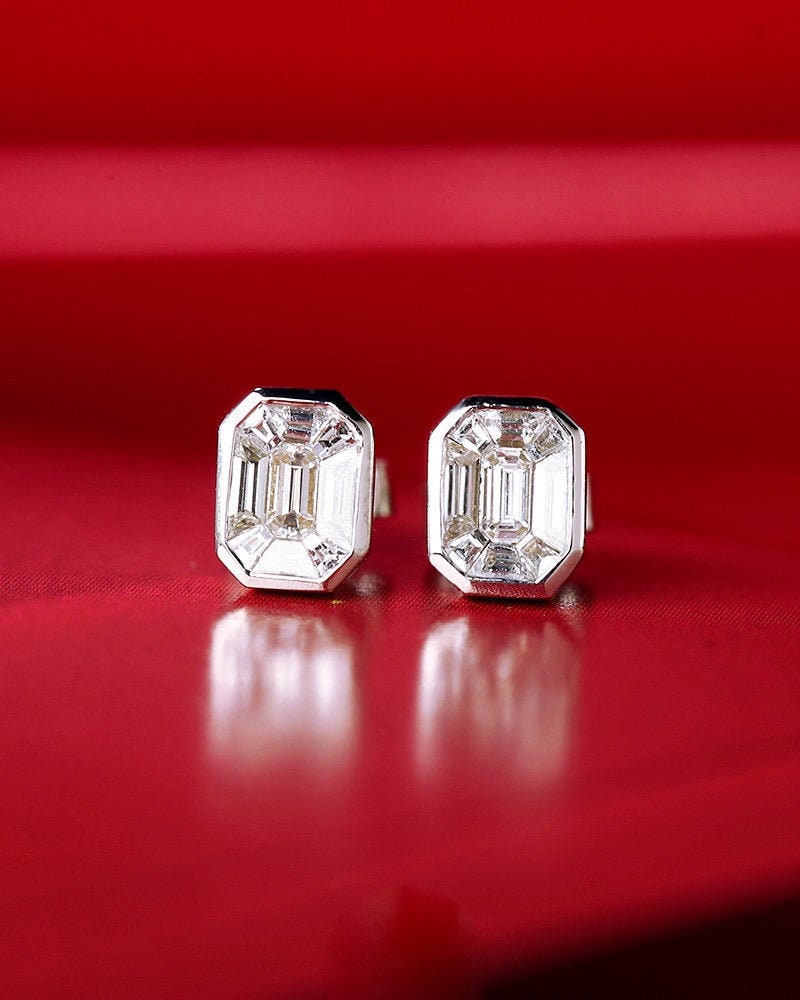 Rectangle White Sapphire Emerald Cut Studs - 18K White Gold