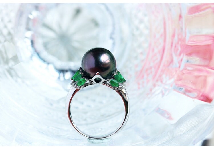 11mm Tahitian Pearl & Marquise Emerald Ring in 18K White Gold